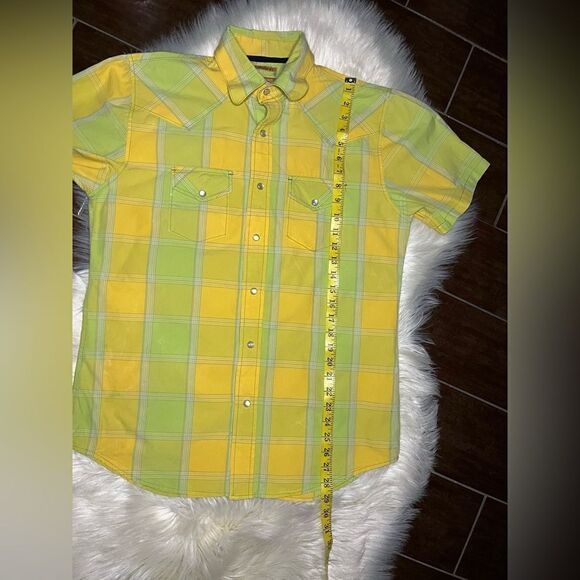 Trailer Vintage Fit yellow/green plaid pearl snap button down sz large - Picture 7 of 7